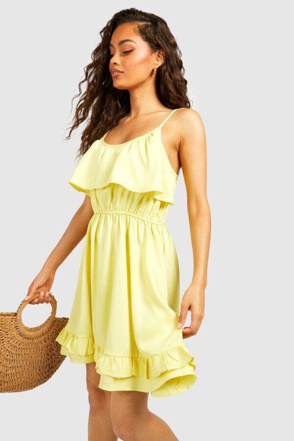 Womens Strappy Frill Detail Swing Dress - Yellow - 12, Yellow