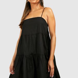 Womens Strappy Tiered Cotton Smock Dress - Black - 8, Black