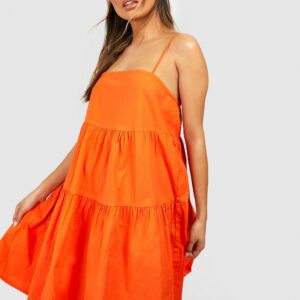 Womens Strappy Tiered Cotton Smock Dress - Orange - 18, Orange