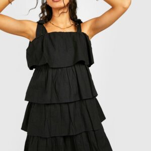 Womens Strappy Tiered Mini Dress - Black - 8, Black