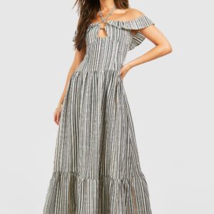 Womens Stripe Halterneck Tiered Maxi Dress - Navy - 8, Navy