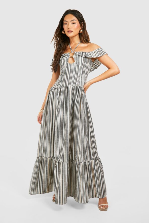 Womens Stripe Halterneck Tiered Maxi Dress - Navy - 8, Navy