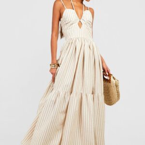 Womens Stripe Tiered Maxi Dress - Beige - 12, Beige