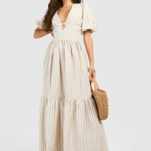 Womens Stripe Tiered Maxi Dress - Beige - 14, Beige