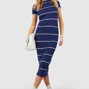 Womens Striped Cap Sleeve Bodycon Midaxi Dress - Navy - M, Navy