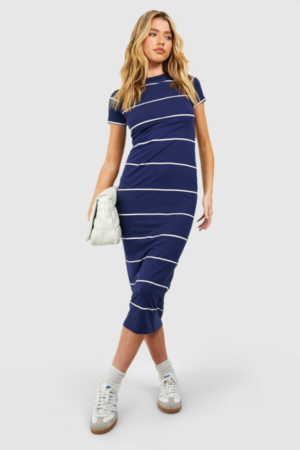 Womens Striped Cap Sleeve Bodycon Midaxi Dress - Navy - M, Navy