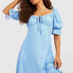 Womens Stripel Puff Sleeve Sundress - Blue - 6, Blue