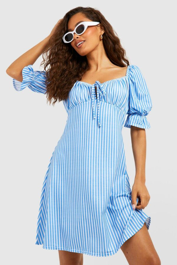 Womens Stripel Puff Sleeve Sundress - Blue - 6, Blue