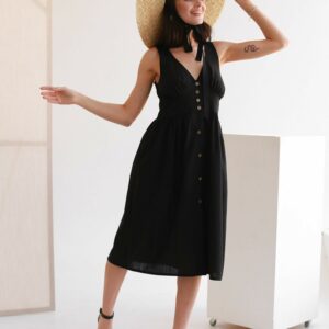 Women's Summer Linen Dress. Tea Party Sundress With Buttons. A-Line Summer Linen Cotton Dress Black