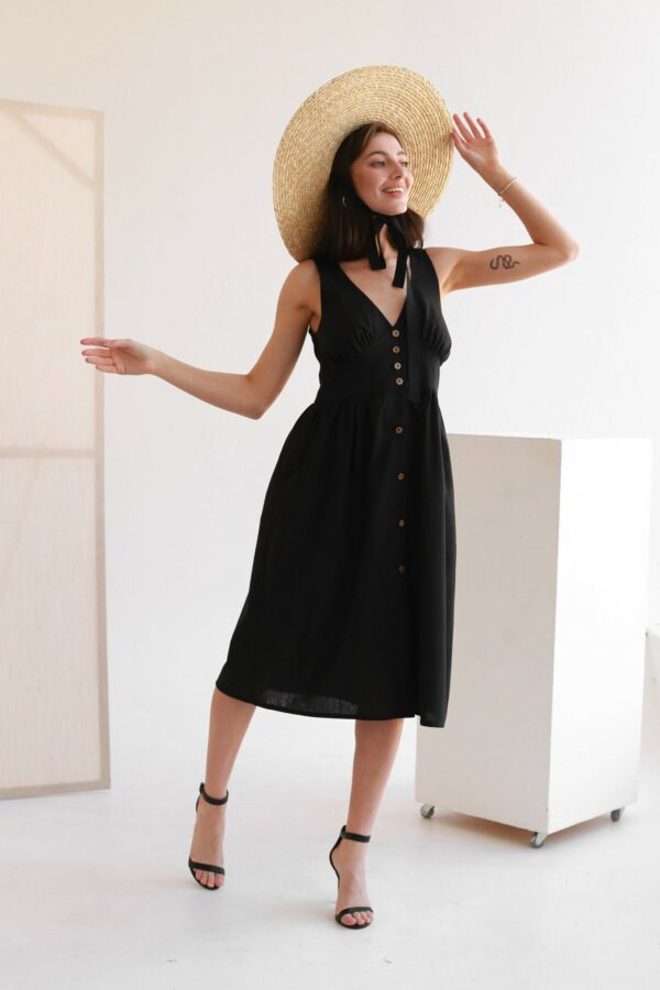 Women's Summer Linen Dress. Tea Party Sundress With Buttons. A-Line Summer Linen Cotton Dress Black