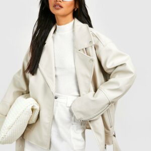 Womens Super Oversized Belted Biker Jacket - Beige - 12, Beige