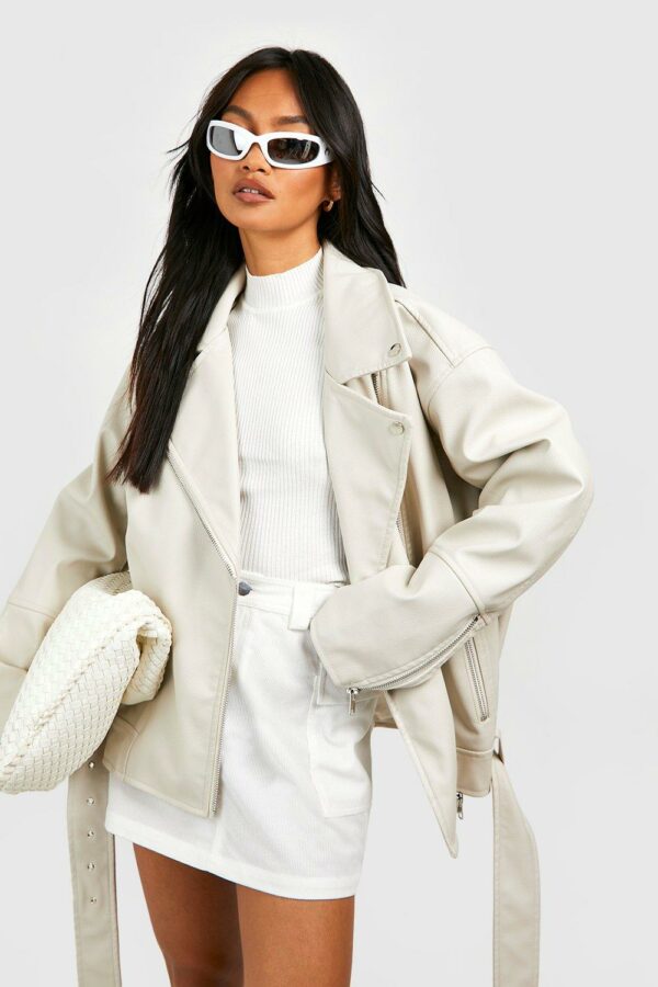 Womens Super Oversized Belted Biker Jacket - Beige - 8, Beige