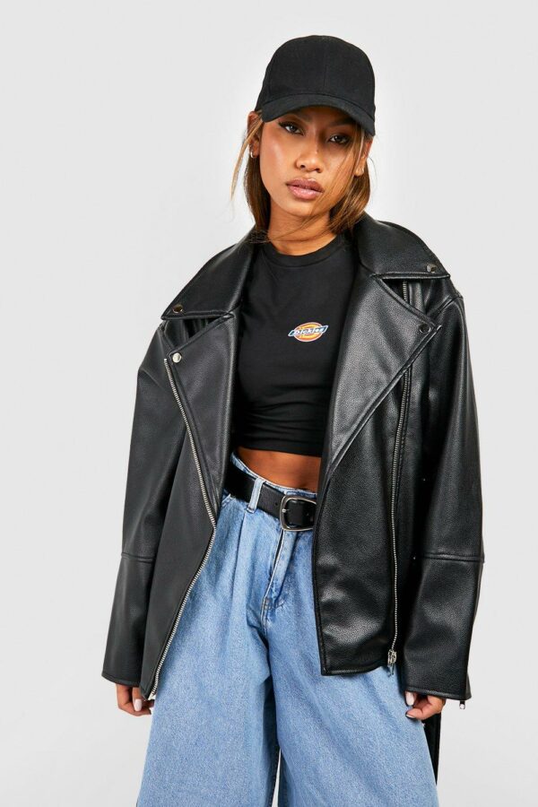 Womens Super Oversized Belted Biker Jacket - Black - 8, Black