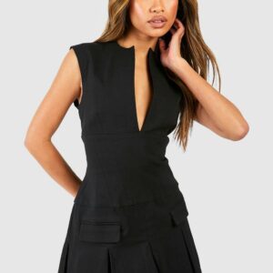 Womens Tailored Notch Neck Pleated Mini Dress - Black - 12, Black