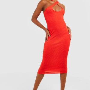 Womens Tall Asymmetric Halter Rib Midi Bodycon Dress - Orange - 12, Orange