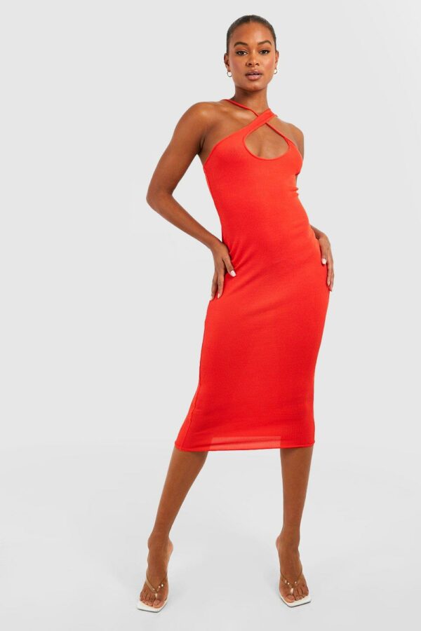 Womens Tall Asymmetric Halter Rib Midi Bodycon Dress - Orange - 12, Orange