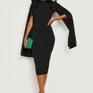 Womens Tall Cape Sleeve Midi Bodycon Dress - Black - 12, Black