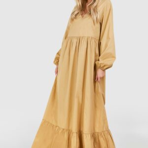 Womens Tall Cotton Poplin Tiered Maxi Dress - Beige - 8, Beige