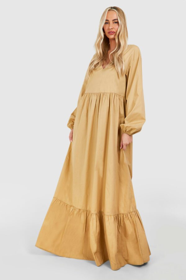 Womens Tall Cotton Poplin Tiered Maxi Dress - Beige - 8, Beige