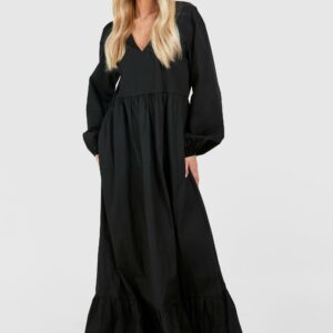 Womens Tall Cotton Poplin Tiered Maxi Dress - Black - 8, Black