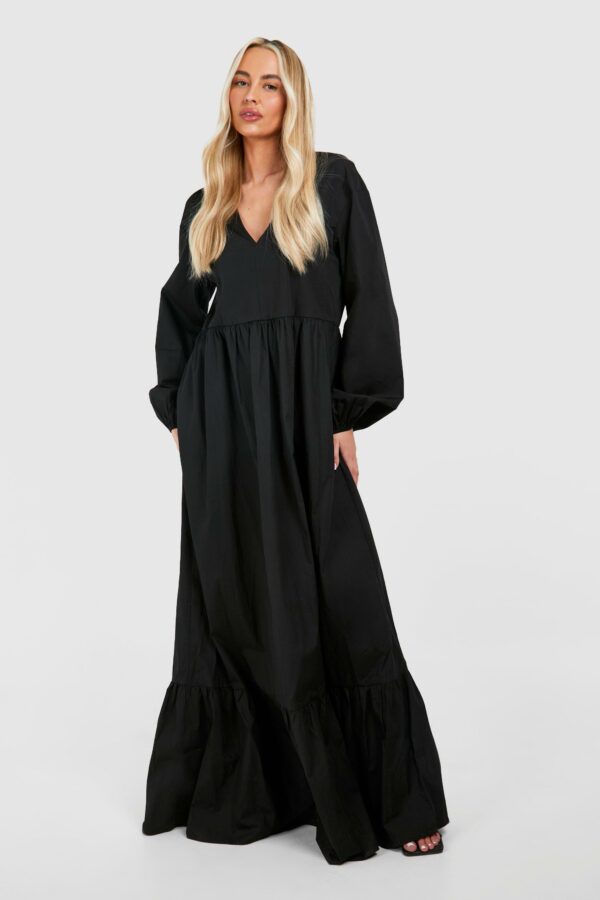 Womens Tall Cotton Poplin Tiered Maxi Dress - Black - 8, Black