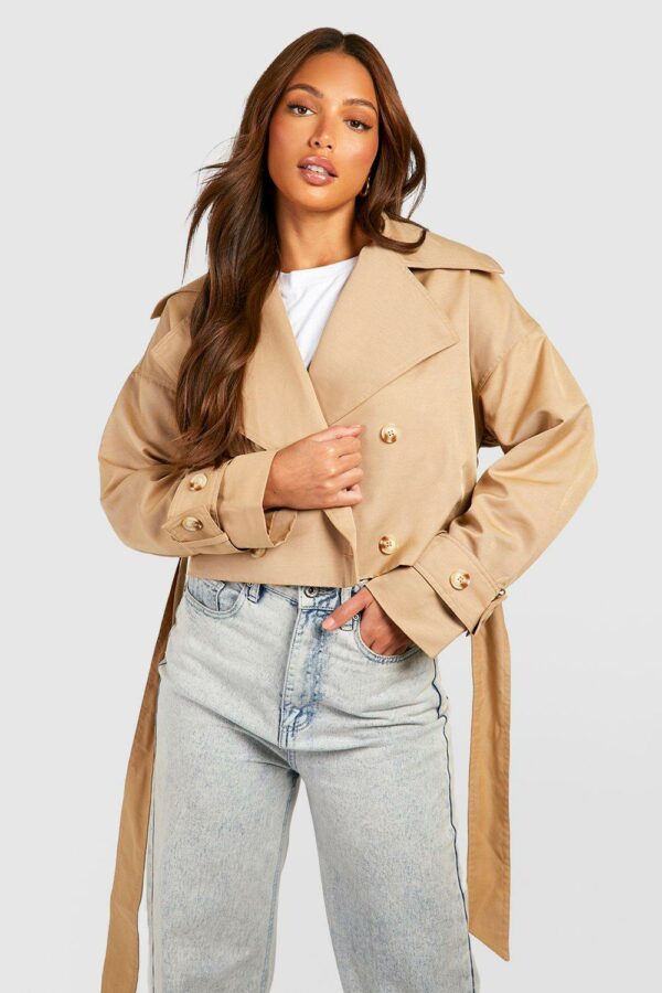 Womens Tall Crop Oversized Belted Trench Coat - Beige - 6, Beige