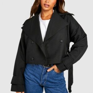 Womens Tall Crop Oversized Belted Trench Coat - Black - 16, Black