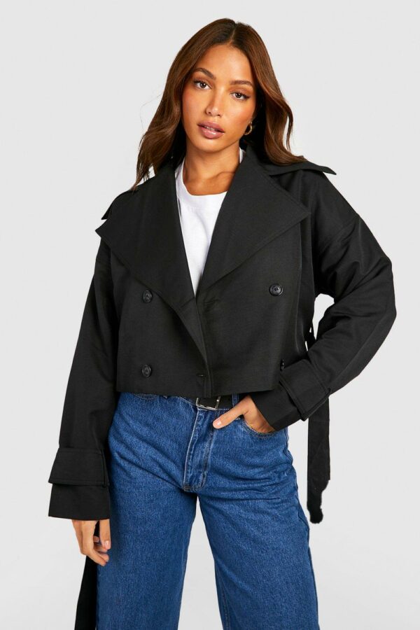 Womens Tall Crop Oversized Belted Trench Coat - Black - 16, Black