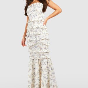 Womens Tall Floral Ruffle Tiered Midaxi Dress - White - 6, White