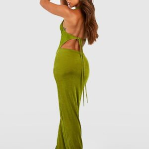 Womens Tall Halter Gathered Slinky Backless Maxi Dress - Green - 16, Green