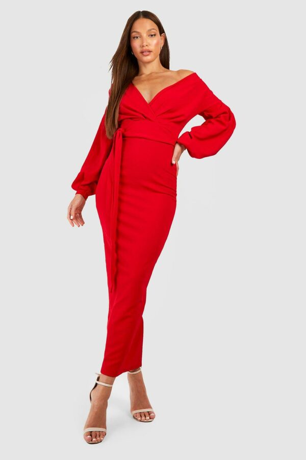 Womens Tall Off The Shoulder Wrap Maxi Bodycon Dress - Red - 10, Red