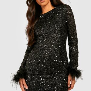 Womens Tall Sequin Feather Cuff Bodycon Dress - Black - 16, Black