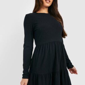 Womens Tall Soft Rib Longsleeve Tiered Mini Smock Dress - Black - 8, Black