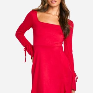 Womens Tall Square Neck Tie Cuff Mini Shift Dress - Red - 10, Red