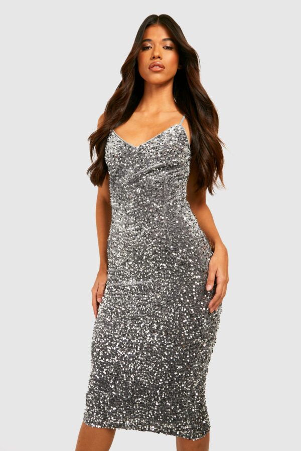 Womens Tall Velvet Sequin Strappy Bodycon Midi Dress - Grey - 16, Grey