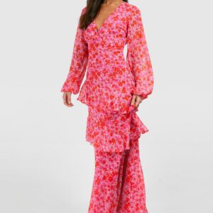 Womens Tall Woven Floral Wrap Tiered Maxi Dress - Pink - 8, Pink