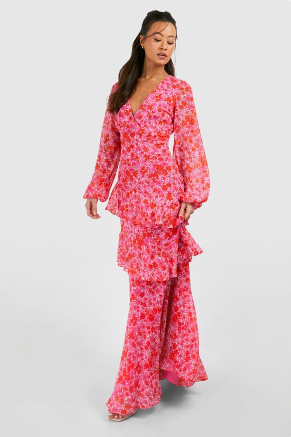 Womens Tall Woven Floral Wrap Tiered Maxi Dress - Pink - 8, Pink