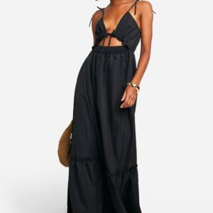 Womens Tall Woven V Neck Strappy Tiered Maxi Dress - Black - 8, Black