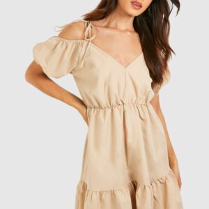 Womens Tall Woven V Neck Tiered Smock Dress - Beige - 8, Beige