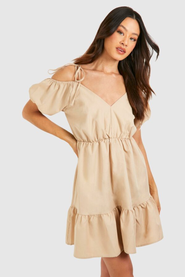 Womens Tall Woven V Neck Tiered Smock Dress - Beige - 8, Beige