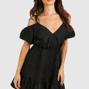 Womens Tall Woven V Neck Tiered Smock Dress - Black - 8, Black