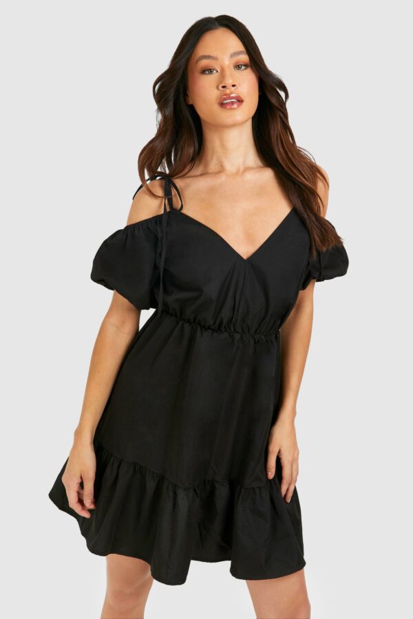 Womens Tall Woven V Neck Tiered Smock Dress - Black - 8, Black