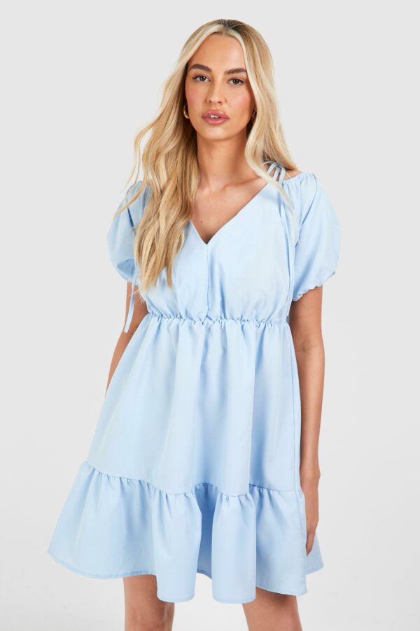 Womens Tall Woven V Neck Tiered Smock Dress - Blue - 8, Blue