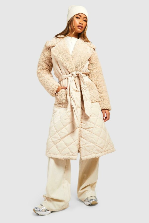 Womens Teddy Panelled Quilted Trench Coat - Beige - 10, Beige