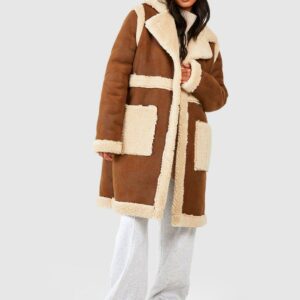 Womens Teddy Trim Midi Suede Look Coat - Brown - 8, Brown