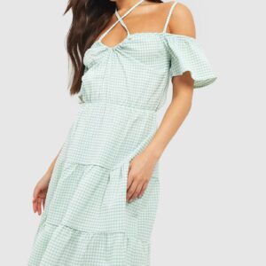 Womens Textured Gingham Tiered Midi Dress - Green - 8, Green