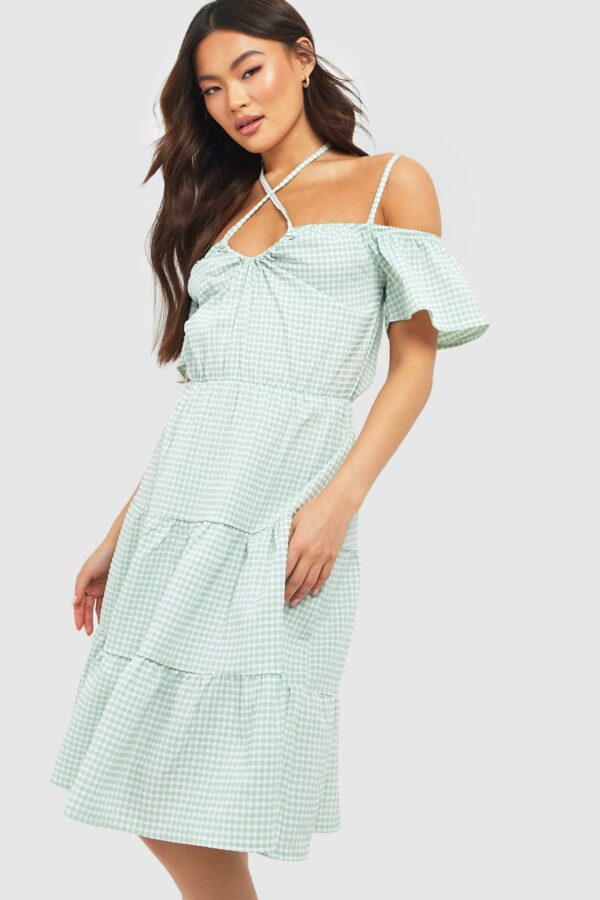 Womens Textured Gingham Tiered Midi Dress - Green - 8, Green