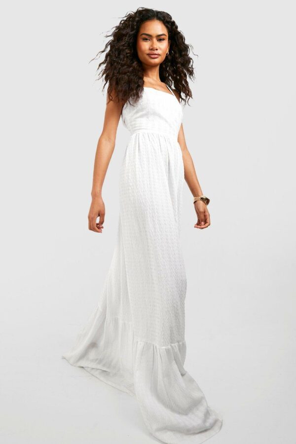 Womens Textured Open Back Tiered Maxi Dress - White - 14, White