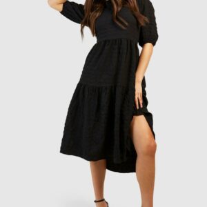 Womens Textured Puff Sleeve Tiered Midi Dress - Black - 12, Black