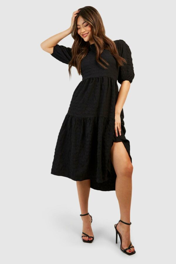 Womens Textured Puff Sleeve Tiered Midi Dress - Black - 12, Black